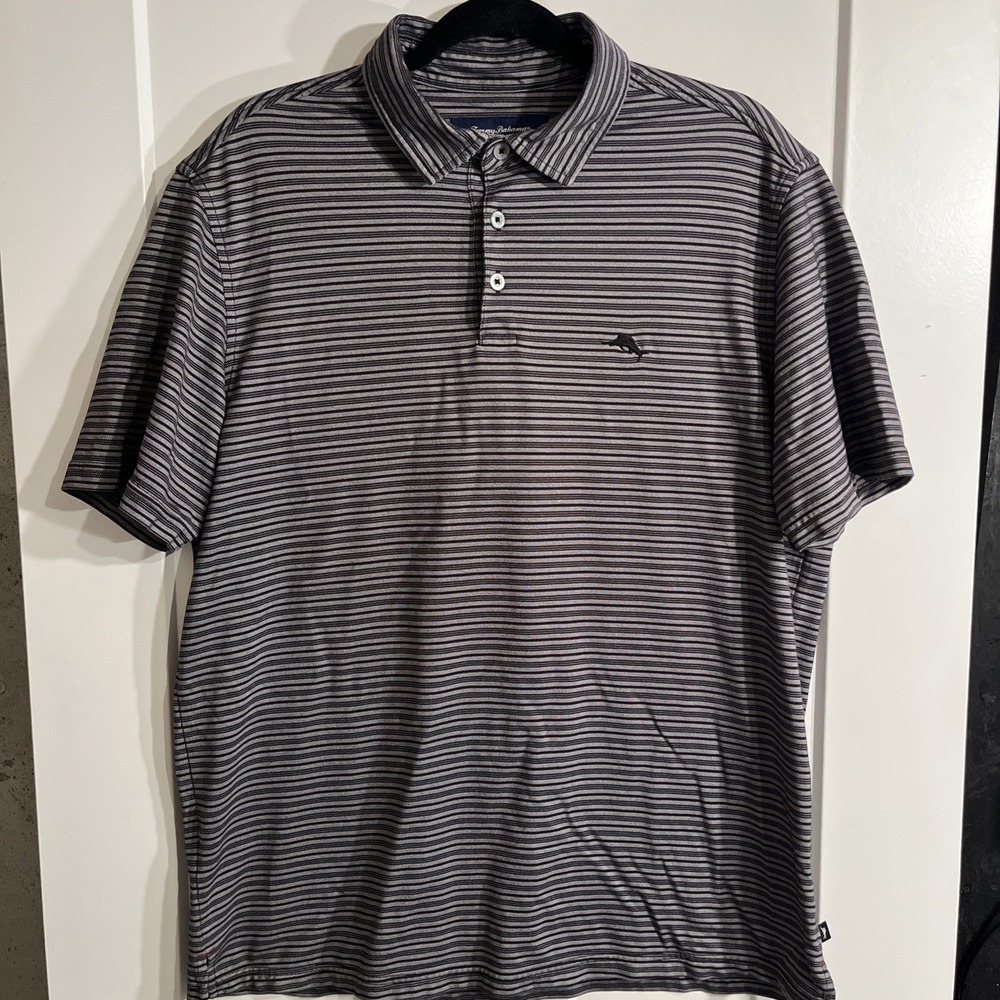 Tommy Bahama Mens Striped Polo Shirt Black Gray Size Large Short Sleeve